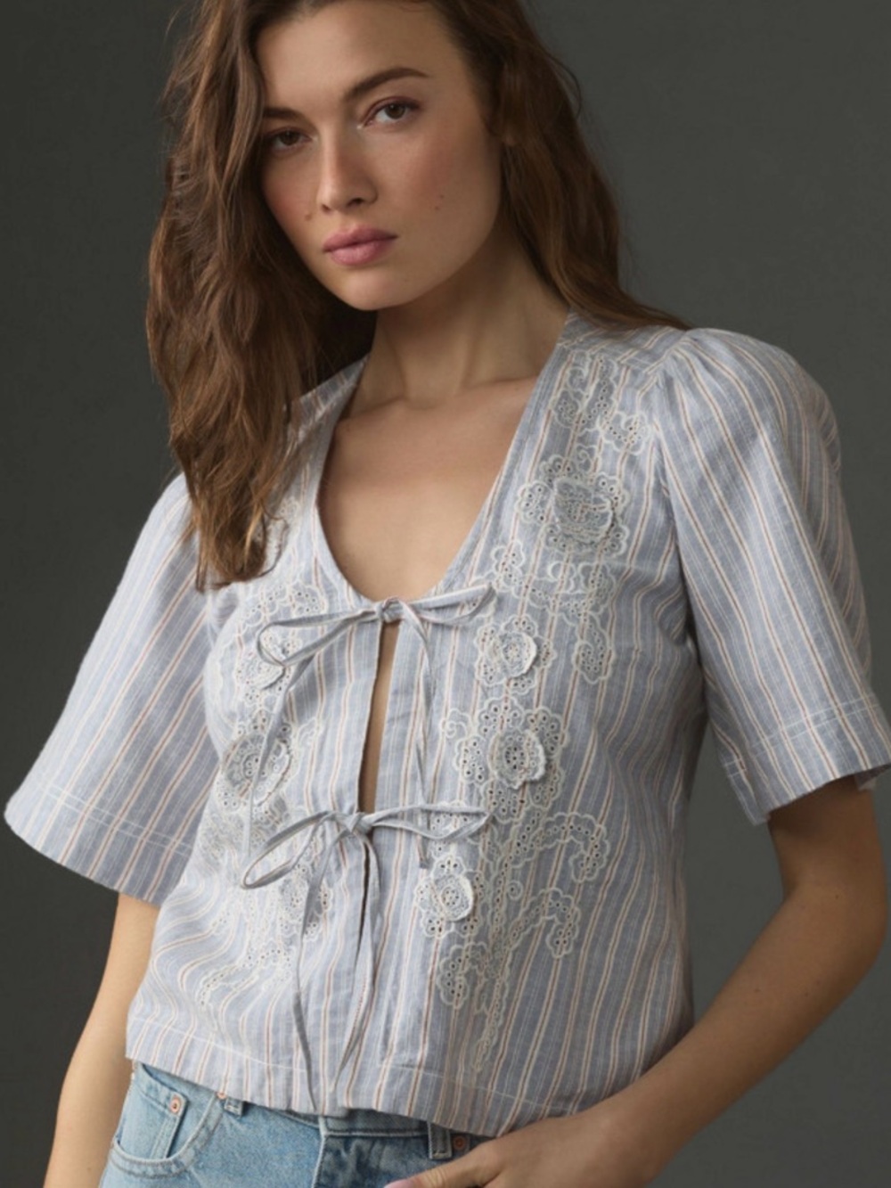 Pilcro Blue and White Striped Top with Red Pinstripes - Picture 1 of 3